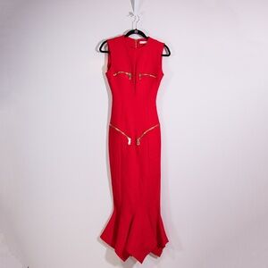 Area Cady Multi Zip Detailed Ponte Stretch Fit Flare Maxi Dress Red Gold Small